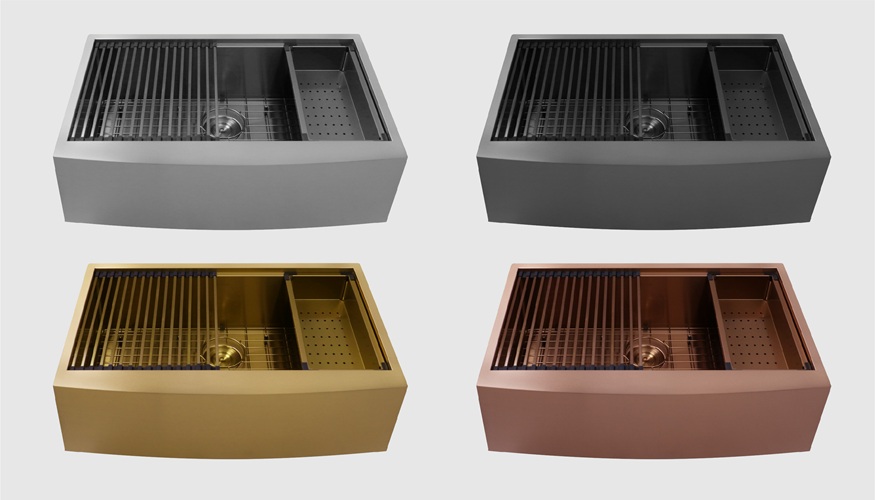 Workstation sink in silver, black, gold, rose gold with accessories